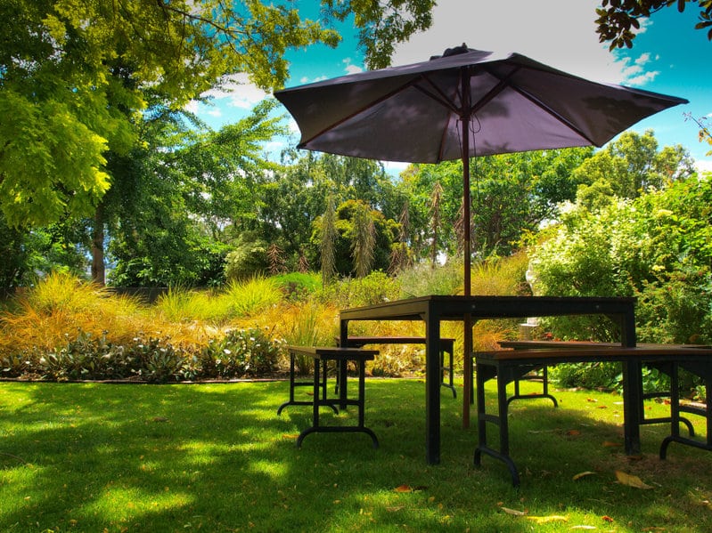 dining table with chairs and parasol in the shade in a lush garden